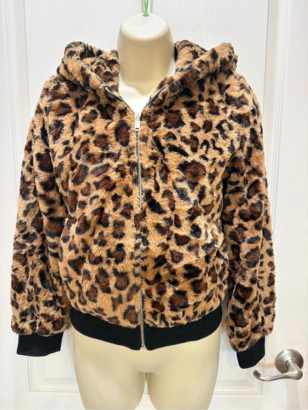 Love Tree Leopard Faux Fur Hooded Jacket Brown & Black Small NWT